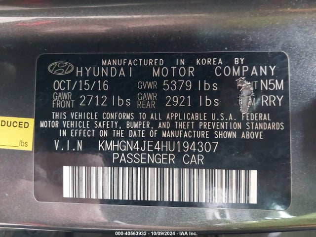 KMHGN4JE4HU194307 Genesis G80 3.8