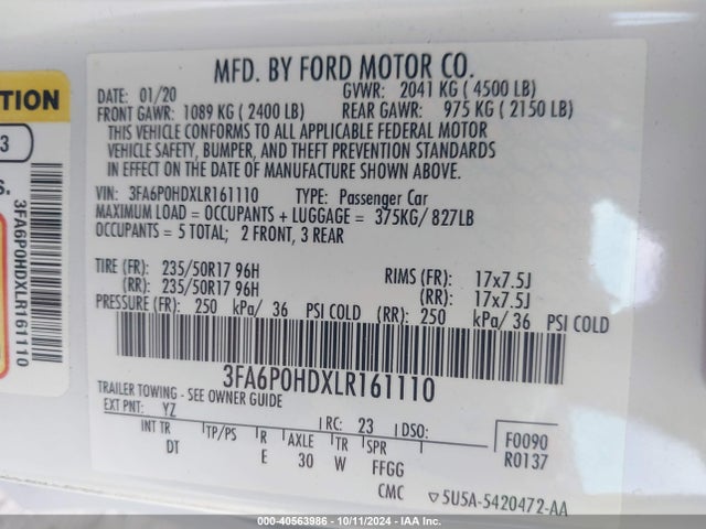 Ford FUSION SE 2020 3FA6P0HDXLR161110 Image 9