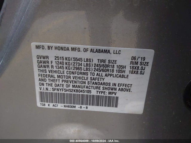 Honda Pilot Ex-l 2019 5FNYF5H52KB045105 Image 9