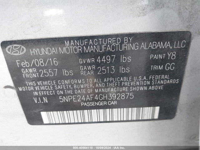Hyundai Sonata 2016 5NPE24AF4GH392875 Image 9
