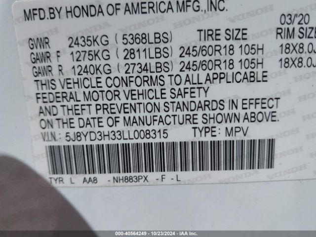 5J8YD3H33LL008315 Acura Mdx Standard