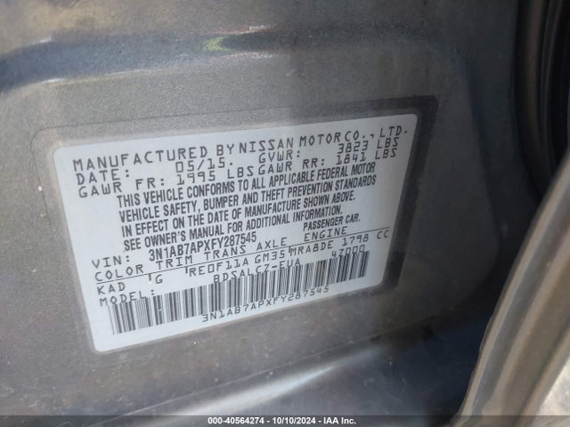 Nissan SENTRA S 2015 3N1AB7APXFY287545 Image 9