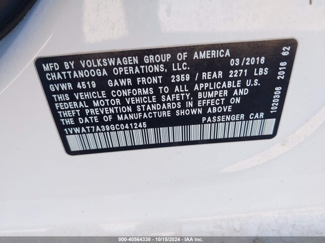 Volkswagen Passat 1.8t S 2016 1VWAT7A39GC041245 Image 9