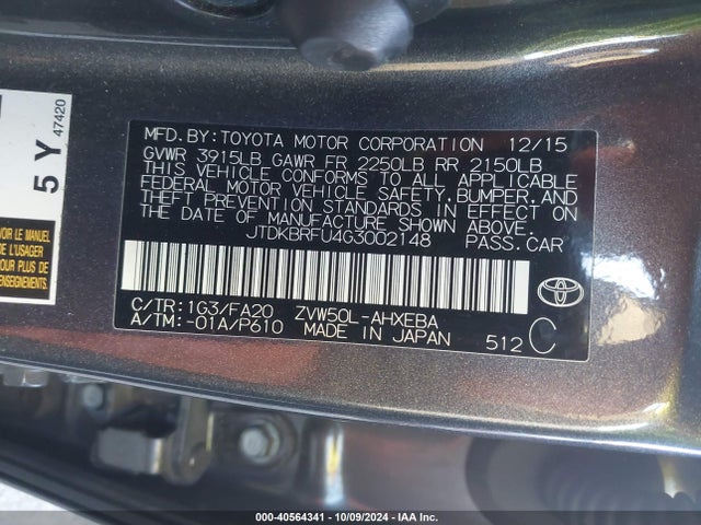 JTDKBRFU4G3002148 Toyota Prius Two