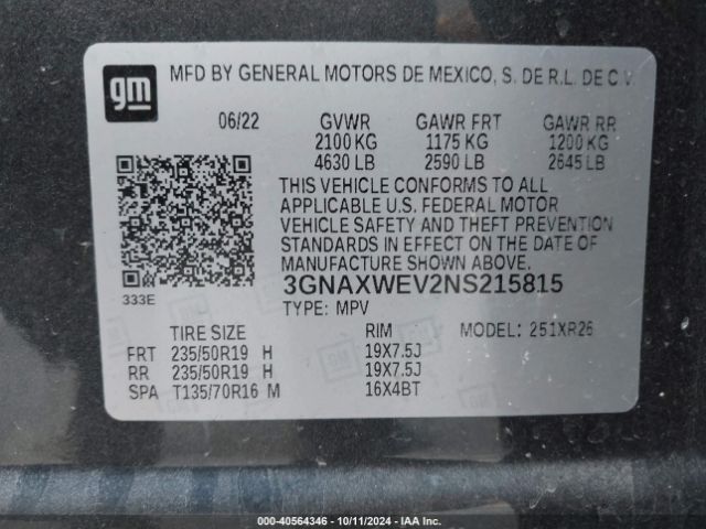 3GNAXWEV2NS215815 Chevrolet Equinox Awd Rs