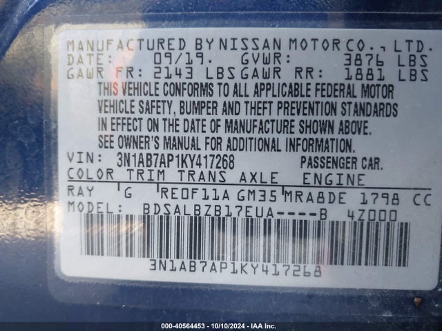 Nissan SENTRA S 2019 3N1AB7AP1KY417268 Image 9