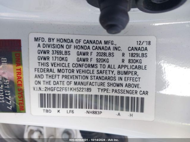 2HGFC2F61KH522189 Honda Civic Lx