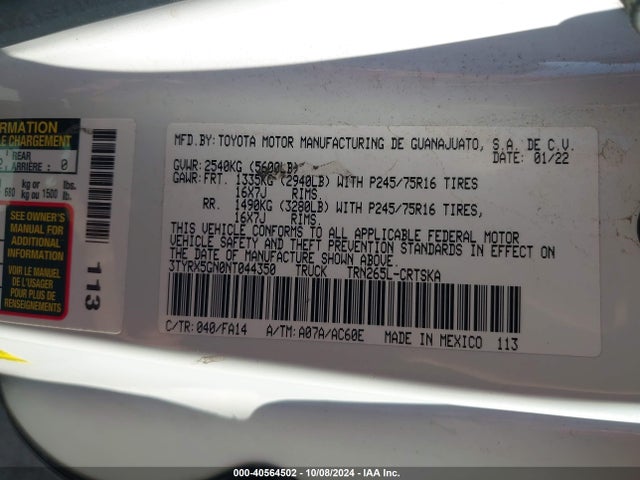 Toyota Tacoma Sr 2022 3TYRX5GN0NT044350 Image 9