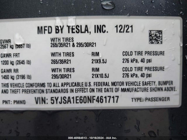 2022 TESLA MODEL S 5YJSA1E60NF461717 Photo 8