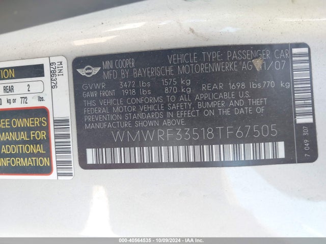 2008 MINI COOPER WMWRF33518TF67505 Photo 8
