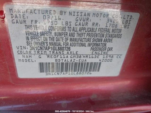 3N1CN7AP1GL880726 Nissan Versa 1.6 S+