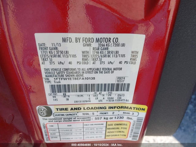 Ford F-150 Fx4 2014 1FTFW1ET8EFA10135 Image 9