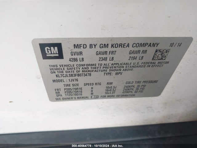 Chevrolet Trax Lt 2015 KL7CJLSB3FB073478 Image 9