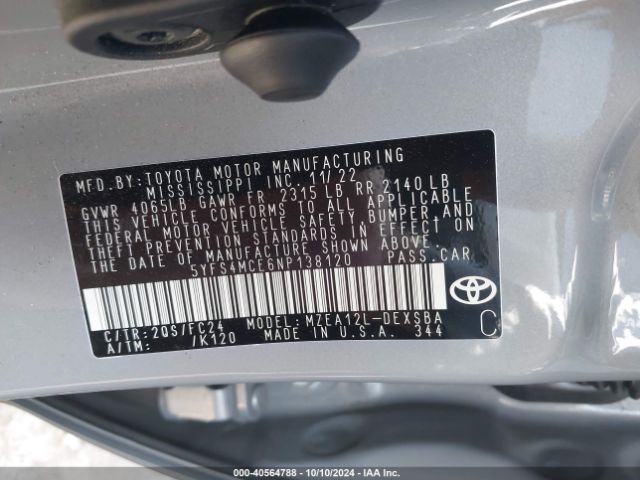 5YFS4MCE6NP138120 Toyota Corolla Se Apex Edition