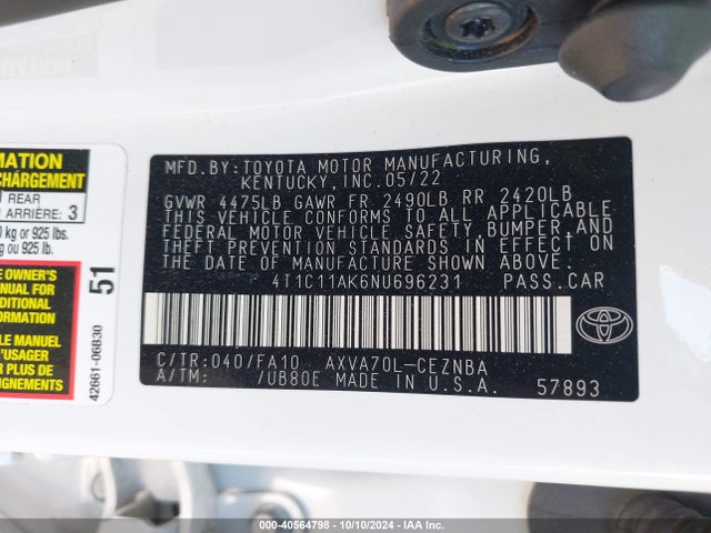 Toyota CAMRY LE 2022 4T1C11AK6NU696231 Image 9