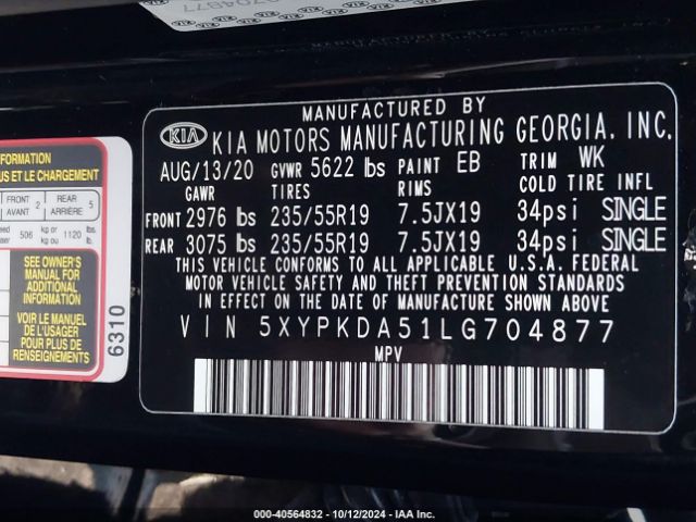 5XYPKDA51LG704877 KIA Sorento 3.3l Sx