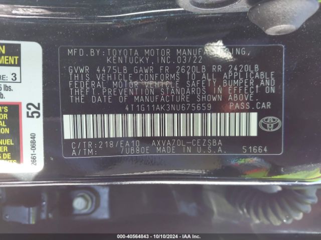 Toyota CAMRY SE 2022 4T1G11AK3NU675659 Image 9
