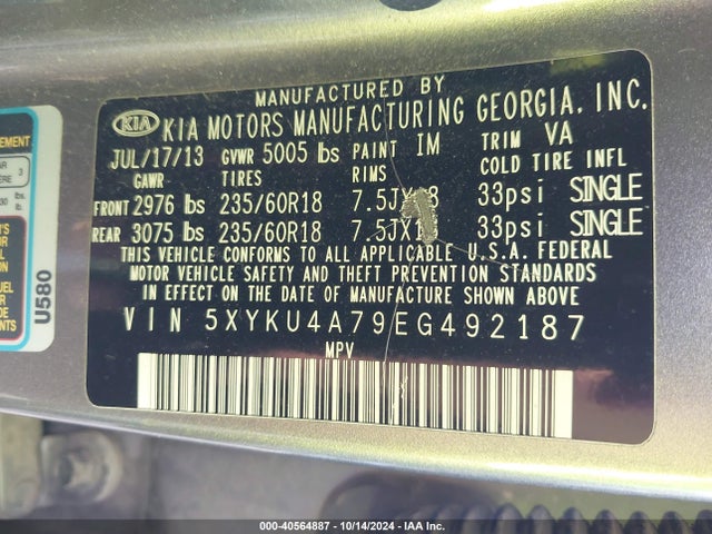 5XYKU4A79EG492187 KIA Sorento Ex V6