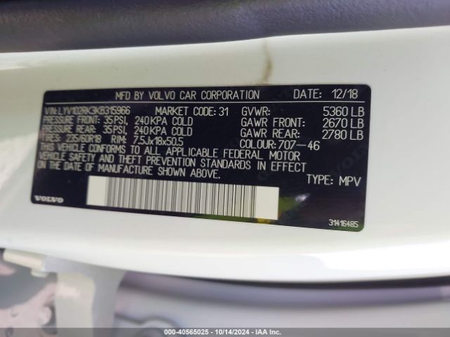 LYV102RK3KB315966 Volvo Xc60 T5 Momentum