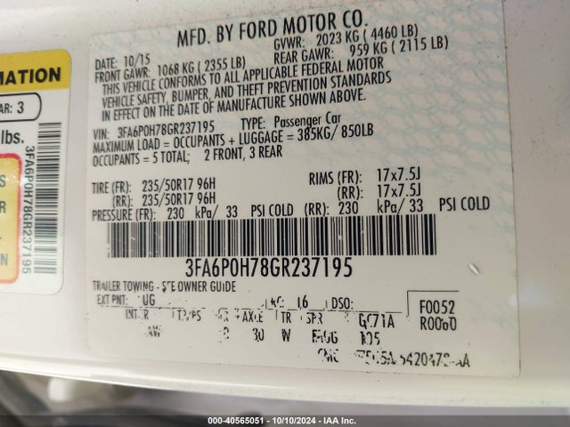 Ford FUSION SE 2016 3FA6P0H78GR237195 Image 9