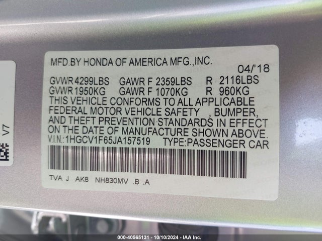 Honda Accord Ex-l 2018 1HGCV1F65JA157519 Image 9