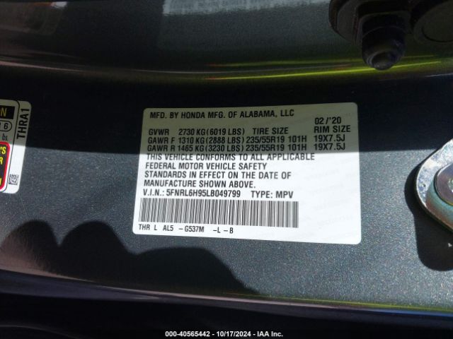 5FNRL6H95LB049799 Honda Odyssey Elite