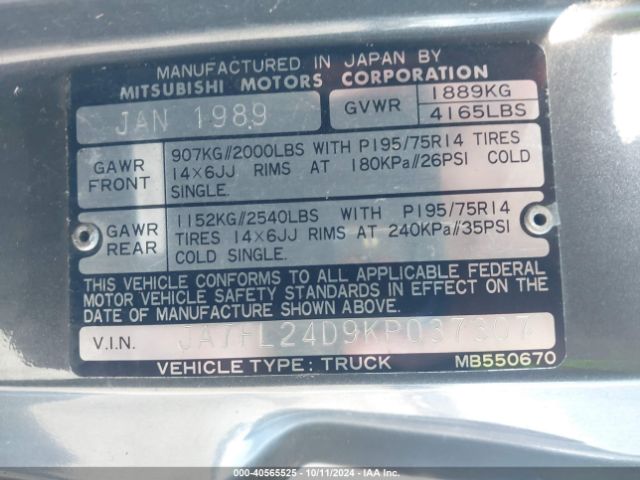 1989 MITSUBISHI MIGHTY MAX / S JA7FL24D9KP037307 Photo 8