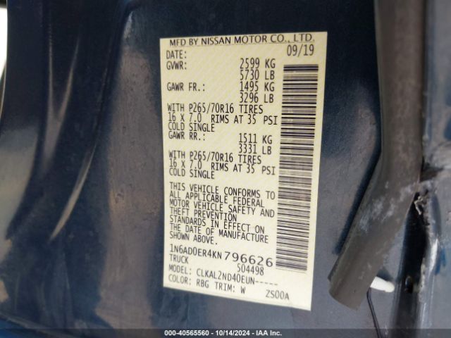 1N6AD0ER4KN796626 Nissan Frontier Sv