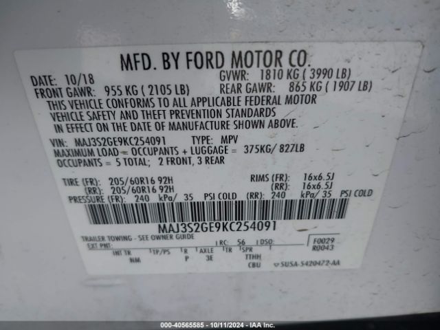 MAJ3S2GE9KC254091 Ford Ecosport Se