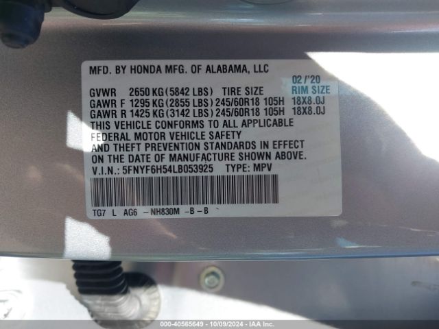 5FNYF6H54LB053925 Honda Pilot Awd Ex-l