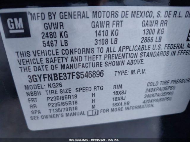 3GYFNBE37FS546896 Cadillac Srx Luxury Collection