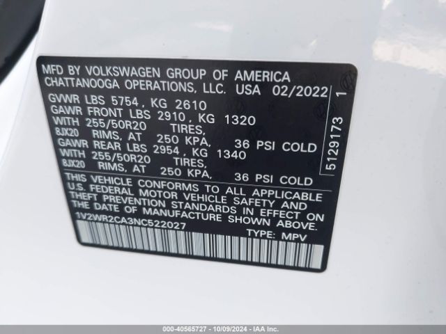 1V2WR2CA3NC522027 Volkswagen Atlas 3.6l V6 Se W/technology