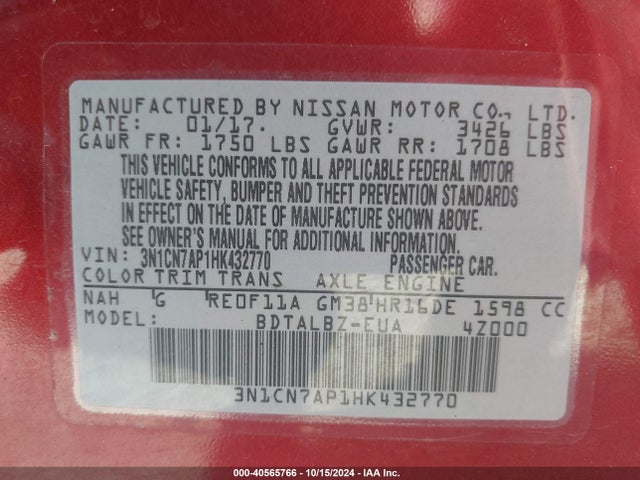Nissan Versa 1.6 Sv 2017 3N1CN7AP1HK432770 Image 9