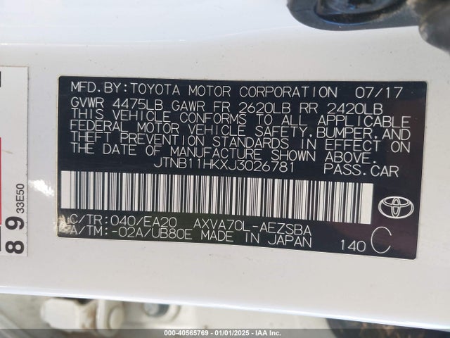 JTNB11HKXJ3026781 Toyota CAMRY SE