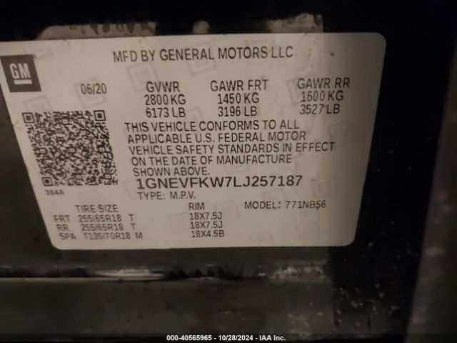 1GNEVFKW7LJ257187 Chevrolet Traverse Awd Ls