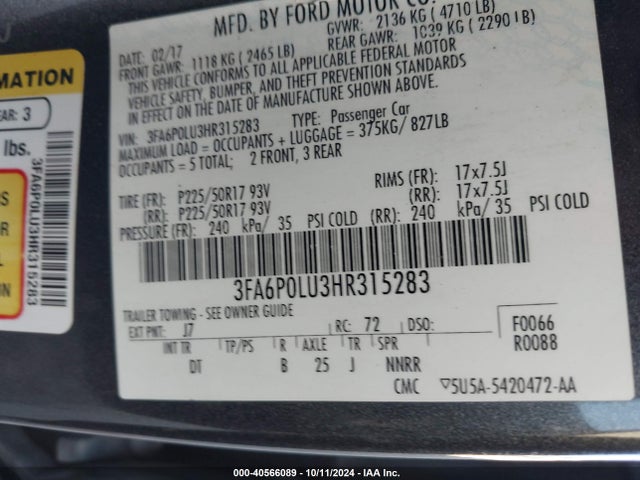 3FA6P0LU3HR315283 Ford Fusion Hybrid Se