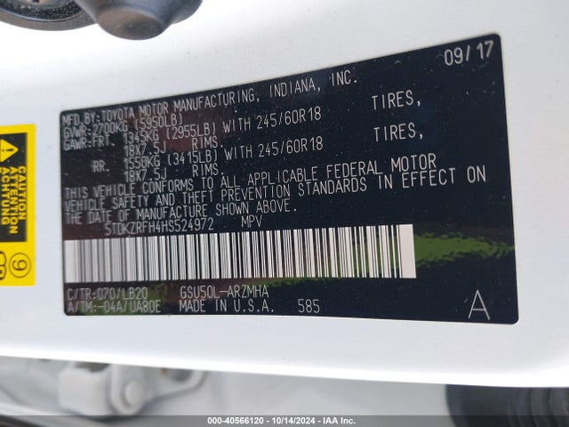 Toyota Highlander Xle 2017 5TDKZRFH4HS524972 Image 9