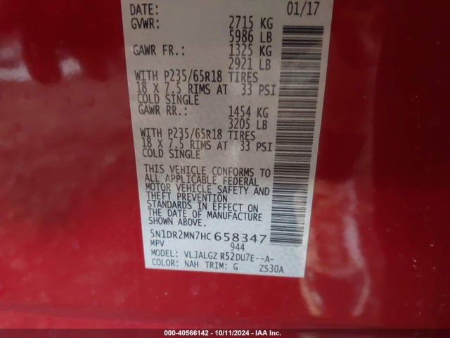Nissan Pathfinder Sl 2017 5N1DR2MN7HC658347 Image 9