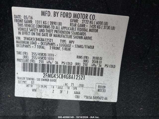 Ford FLEX SEL 2016 2FMGK5C84GBA12521 Image 9