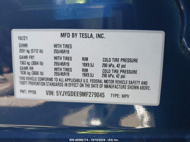 2021 TESLA MODEL Y 5YJYGDEE9MF279045 Photo 8