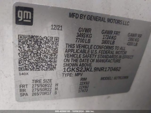 1GKS2JKL9NR170462 GMC Yukon Xl 4wd Denali