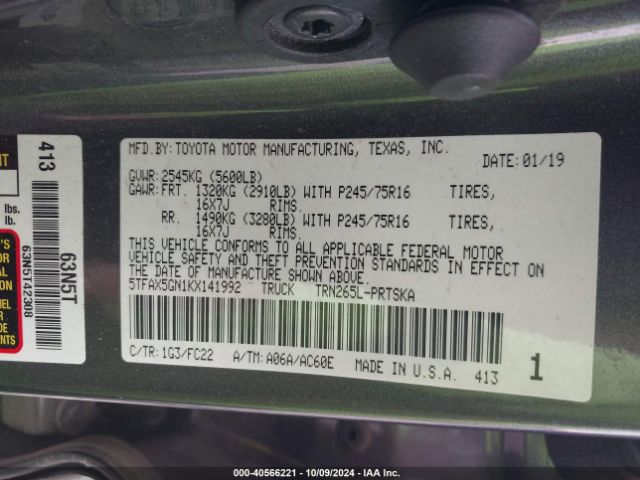 5TFAX5GN1KX141992 Toyota Tacoma Sr5