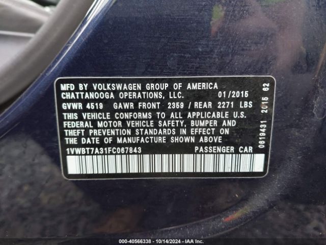 1VWBT7A31FC067843 Volkswagen Passat 1.8t Se