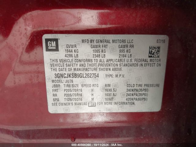 3GNCJKSB9GL262754 Chevrolet Trax 1ls