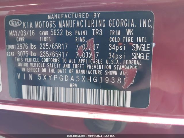 5XYPGDA5XHG193890 KIA Sorento 3.3l Lx