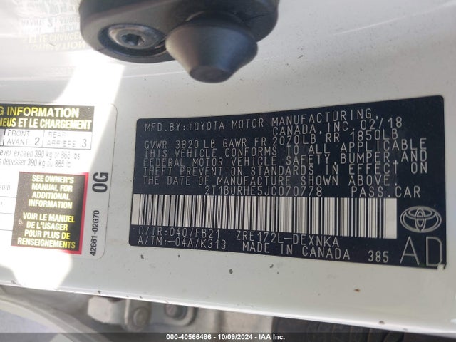 Toyota COROLLA LE 2018 2T1BURHE5JC070778 Image 9