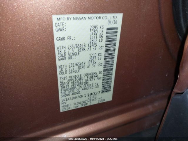 5N1AZ2MH2GN139027 Nissan MURANO SV