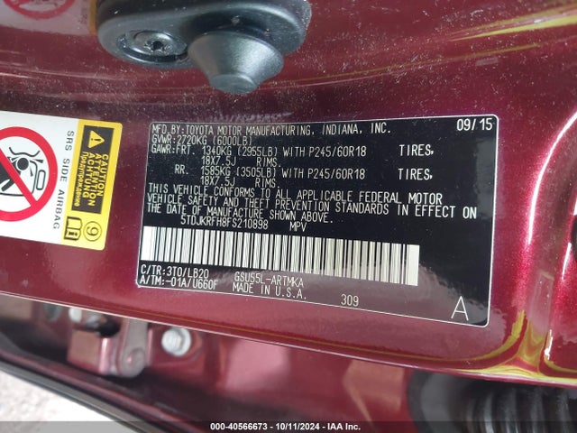 Toyota Highlander Xle V6 2015 5TDJKRFH8FS210898 Image 9