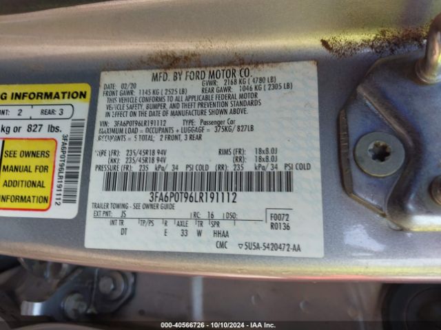 3FA6P0T96LR191112 Ford FUSION SE