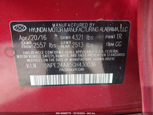 5NPE24AA5GH430036 Hyundai SONATA ECO